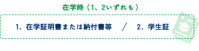 在学時（1、2いずれも）　1.在学証明書または納付書等 2.学生証