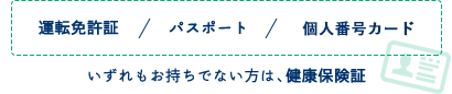 運転免許証、パスポート、住民基本台帳カード（顔写真付）　いずれもお持ちでない方は、健康保険証