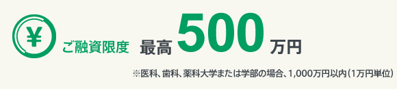 ご融資限度額 最高500万円※ 医科、歯科、薬科大学または学部の場合、1,000万円以内（1万円単位）